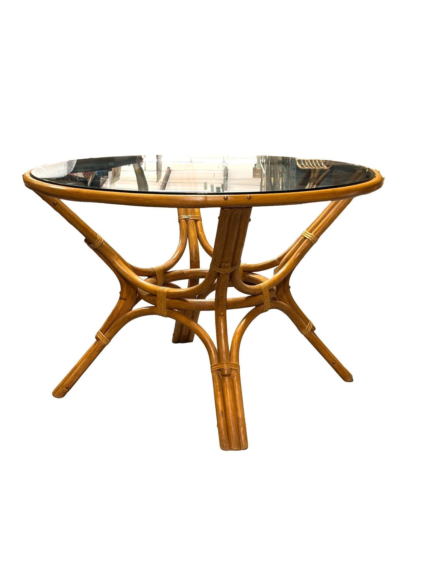 Restored 3-Strand Rattan Round Dining Table with Glass Top For Sale 2