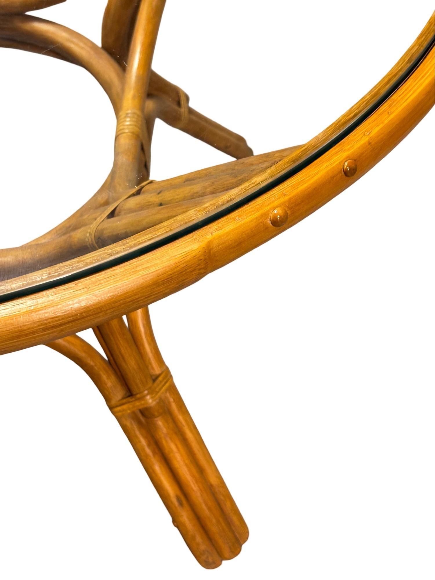 Restored 3-Strand Rattan Round Dining Table with Glass Top For Sale 4