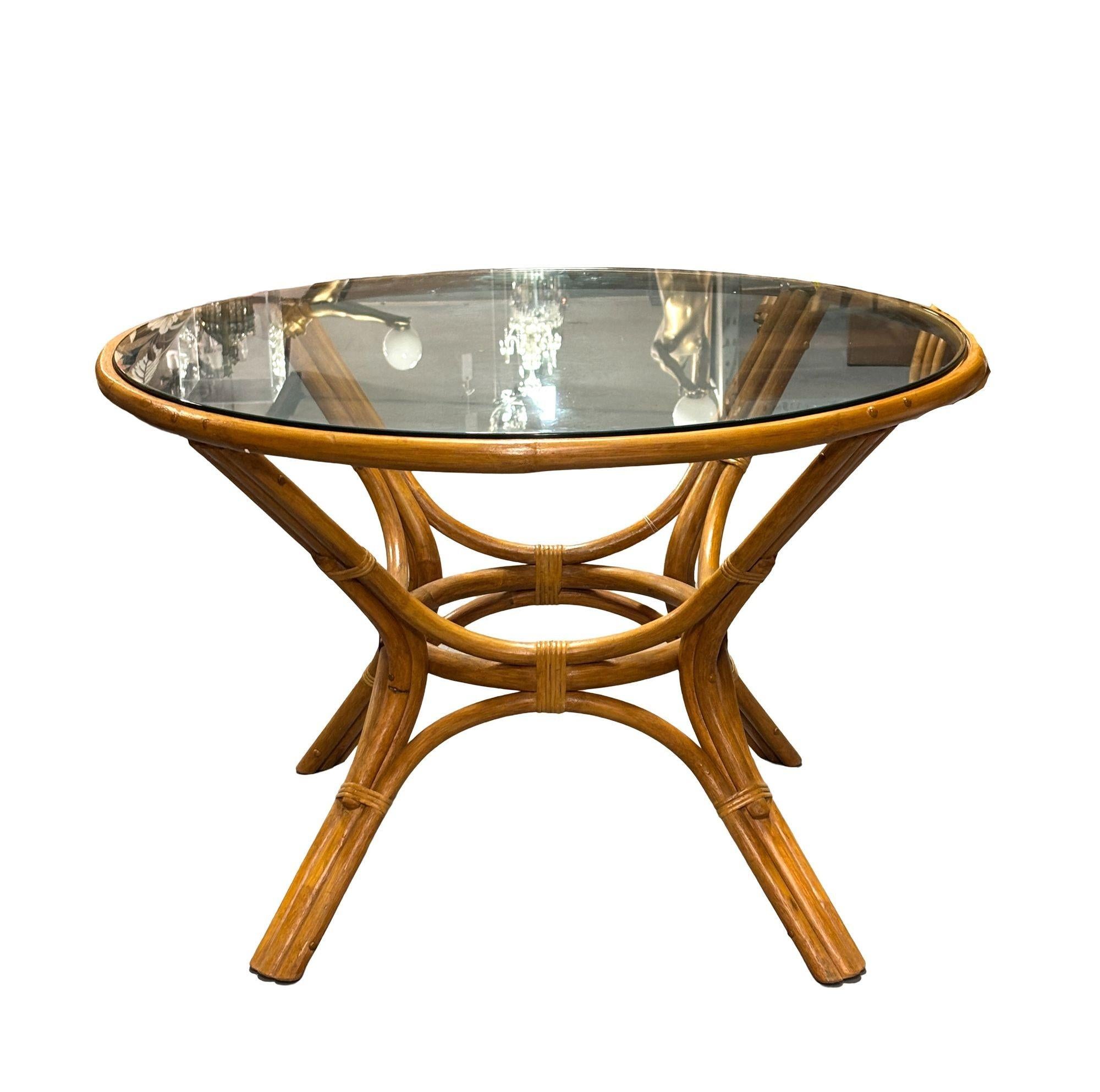Restored 3-Strand Rattan Round Dining Table with Glass Top For Sale 5