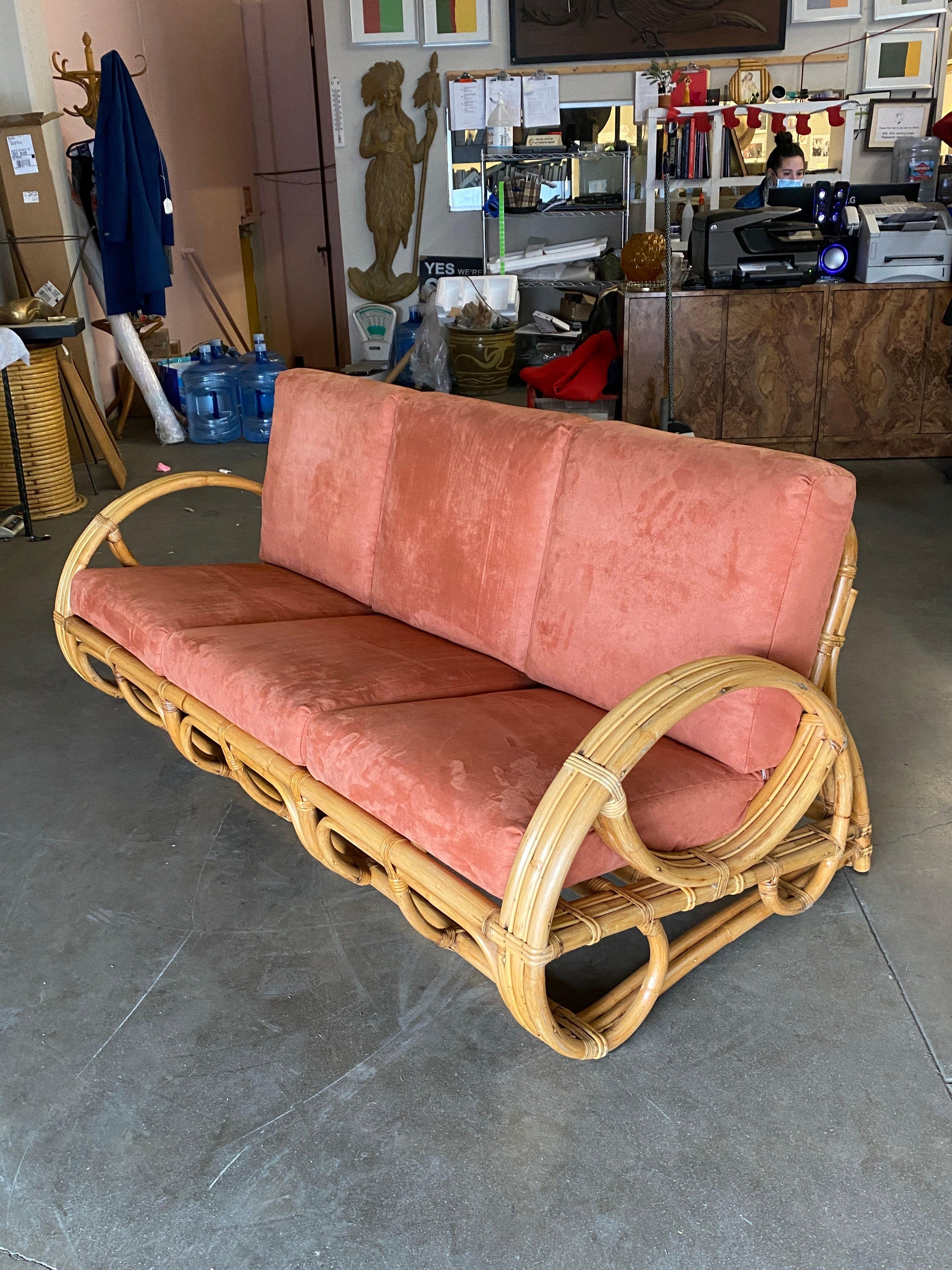 Mid-20th Century Restored 3-Strand Rattan Scrolling Pretzel Lounge Chair & Sofa Living Room Set