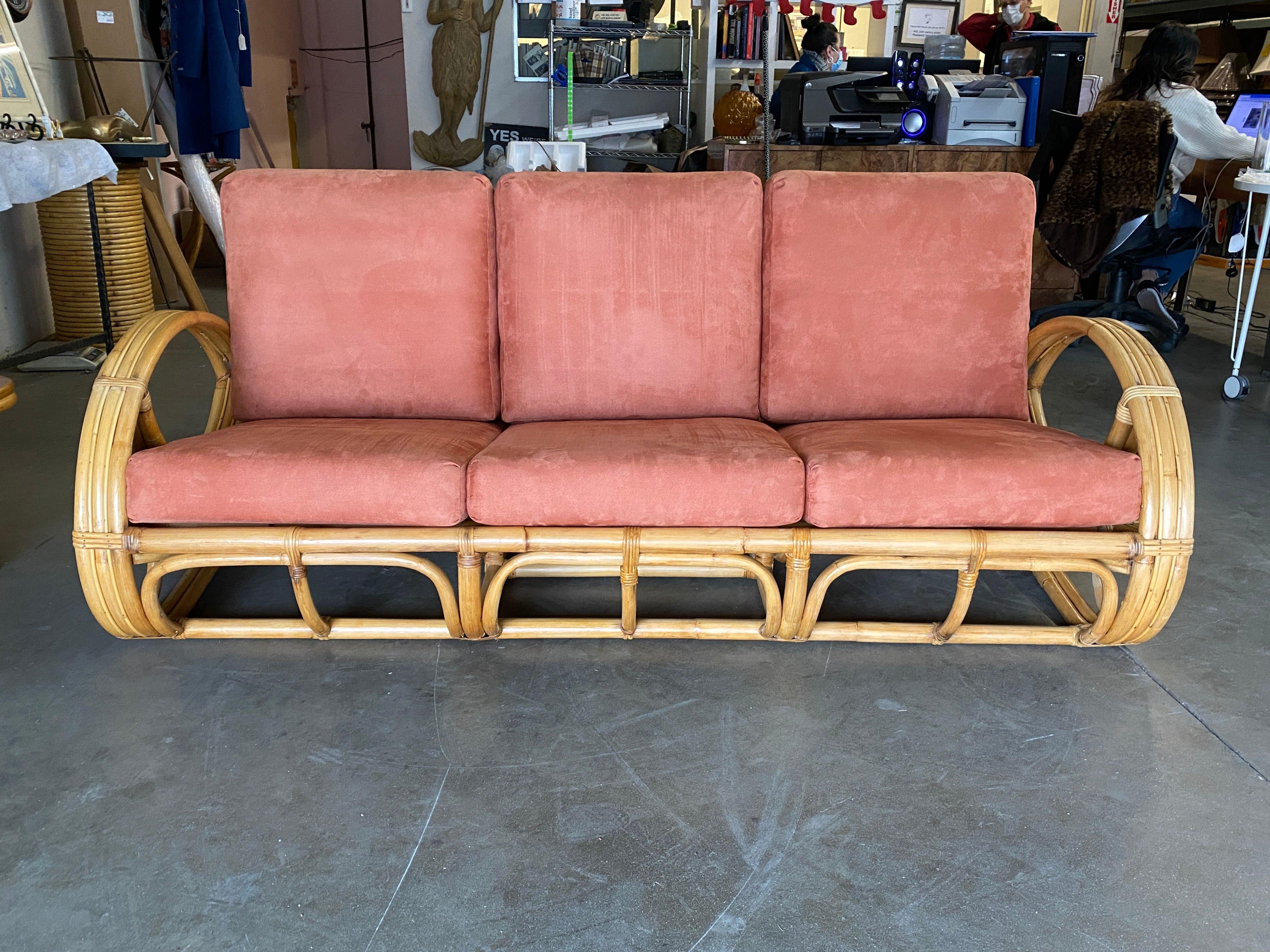 Restored 3-Strand Rattan Scrolling Pretzel Lounge Chair & Sofa Living Room Set 2