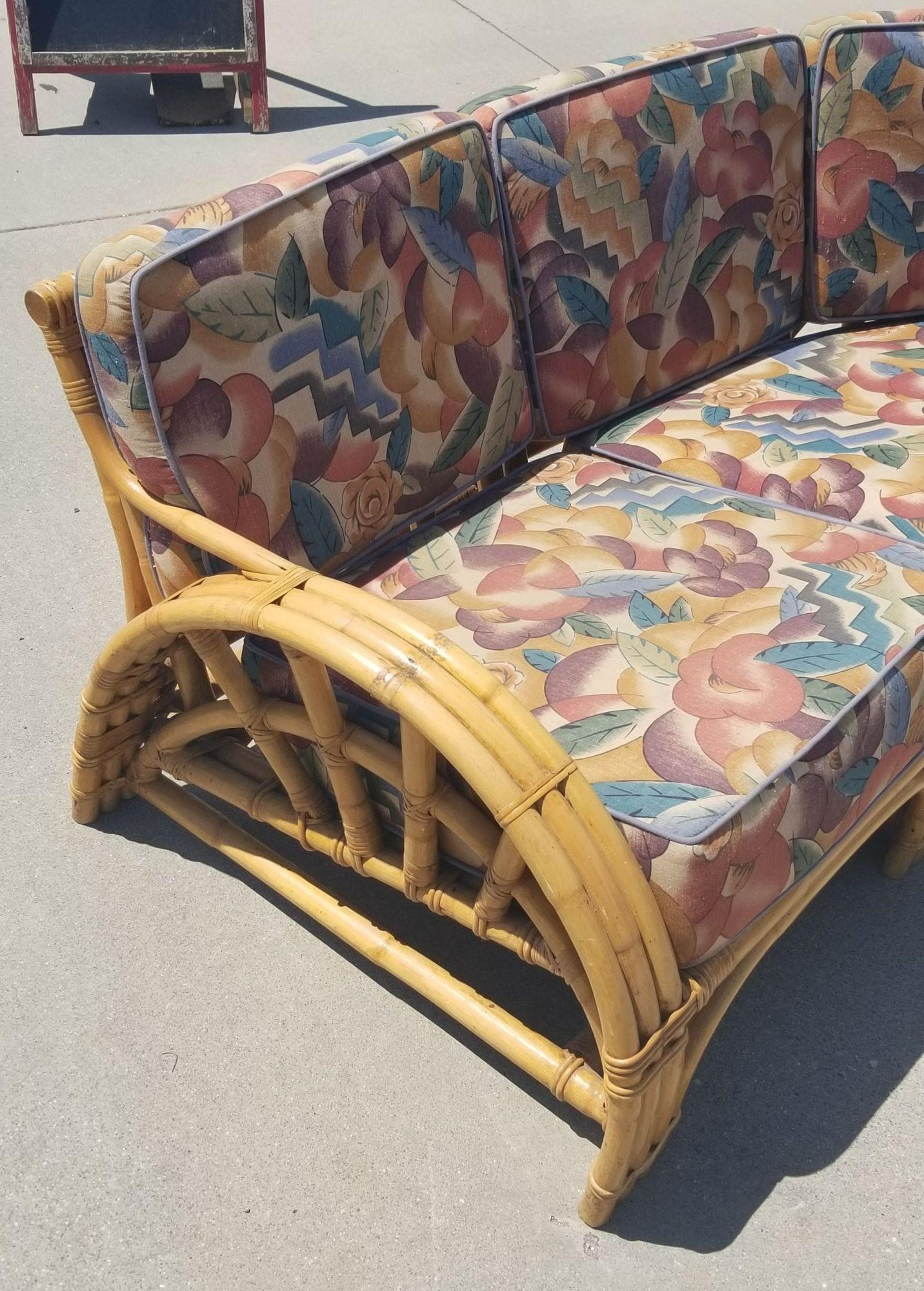 Restored 3 Strand Rattan Spoke Half Moon Arm Sectional Sofa In Excellent Condition For Sale In Van Nuys, CA