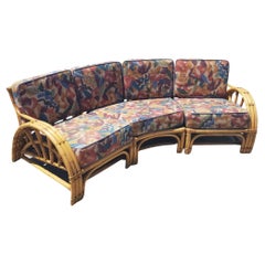 Vintage Restored 3 Strand Rattan Spoke Half Moon Arm Sectional Sofa