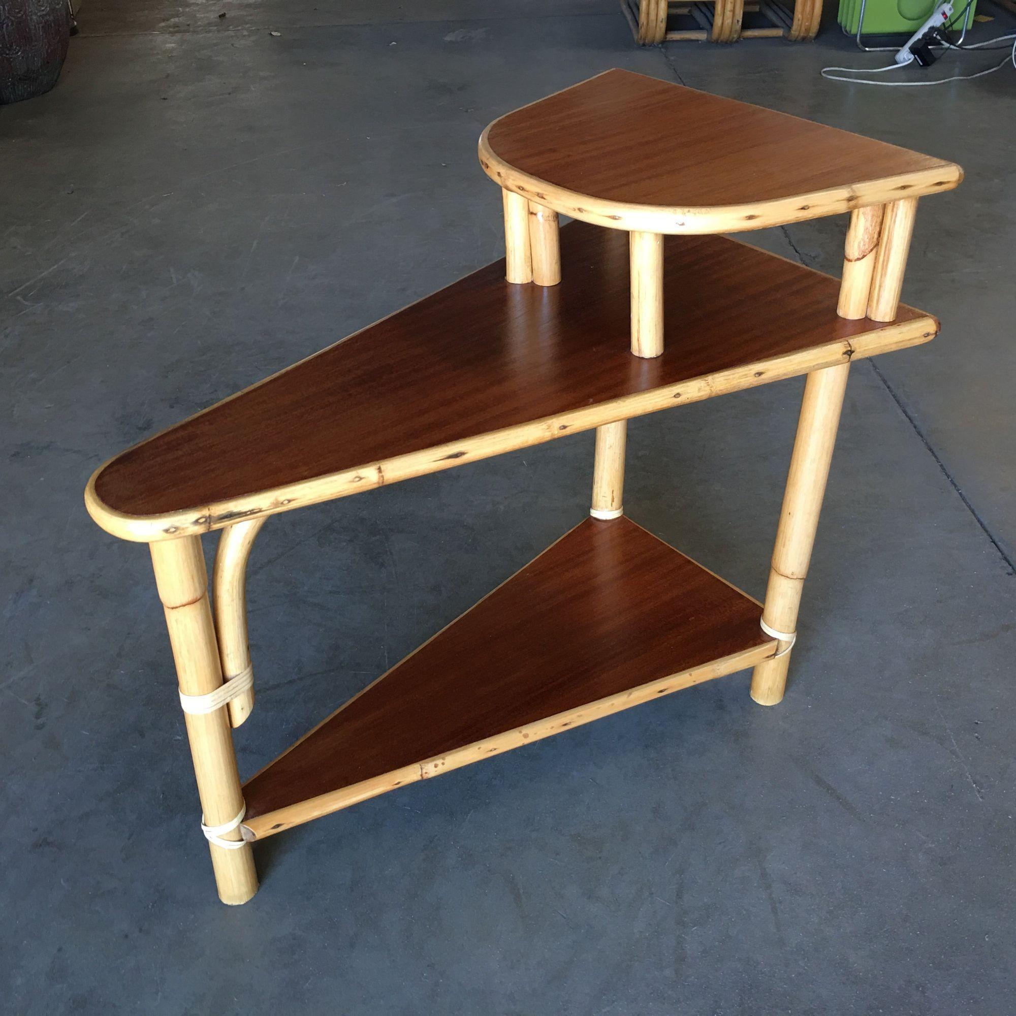 Restored 3-Tier Wedge Side Table w/Mahogany Tops In Excellent Condition For Sale In Van Nuys, CA