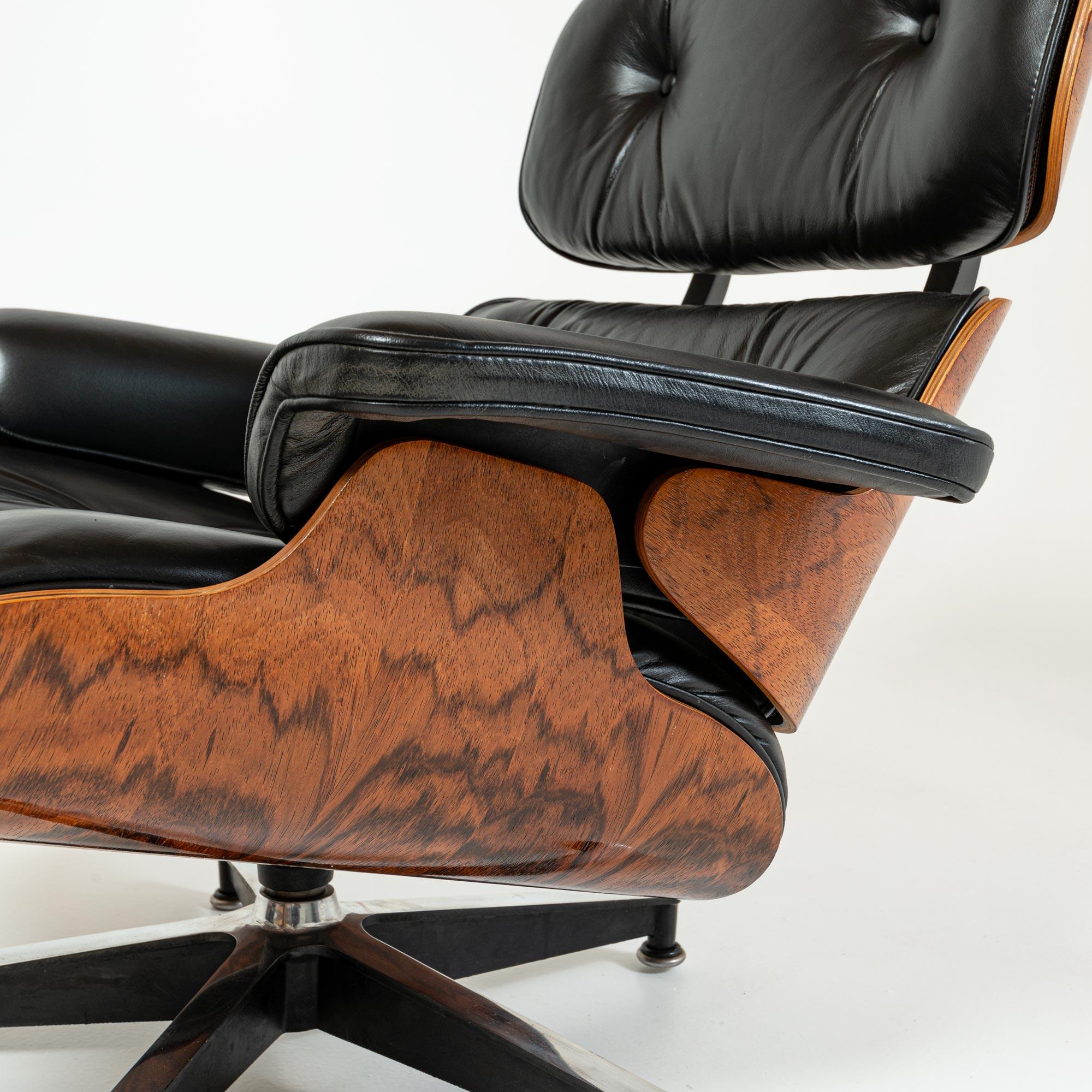 Restored 3rd Gen Eames Lounge Chair and Ottoman in Original black Leather In Good Condition In Seattle, WA