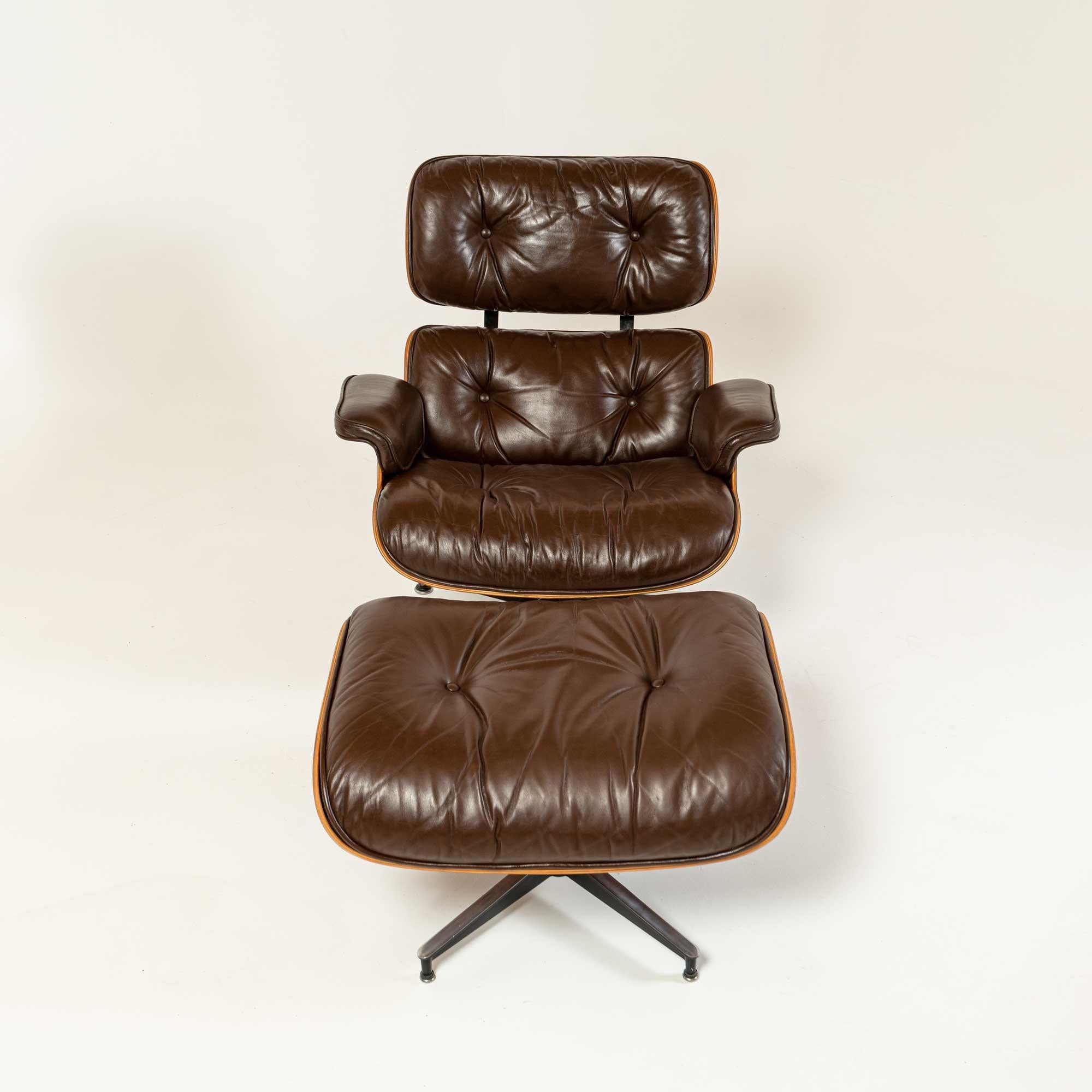 American Restored 3rd Gen Eames Lounge Chair and Ottoman in Original Chocolate Leather