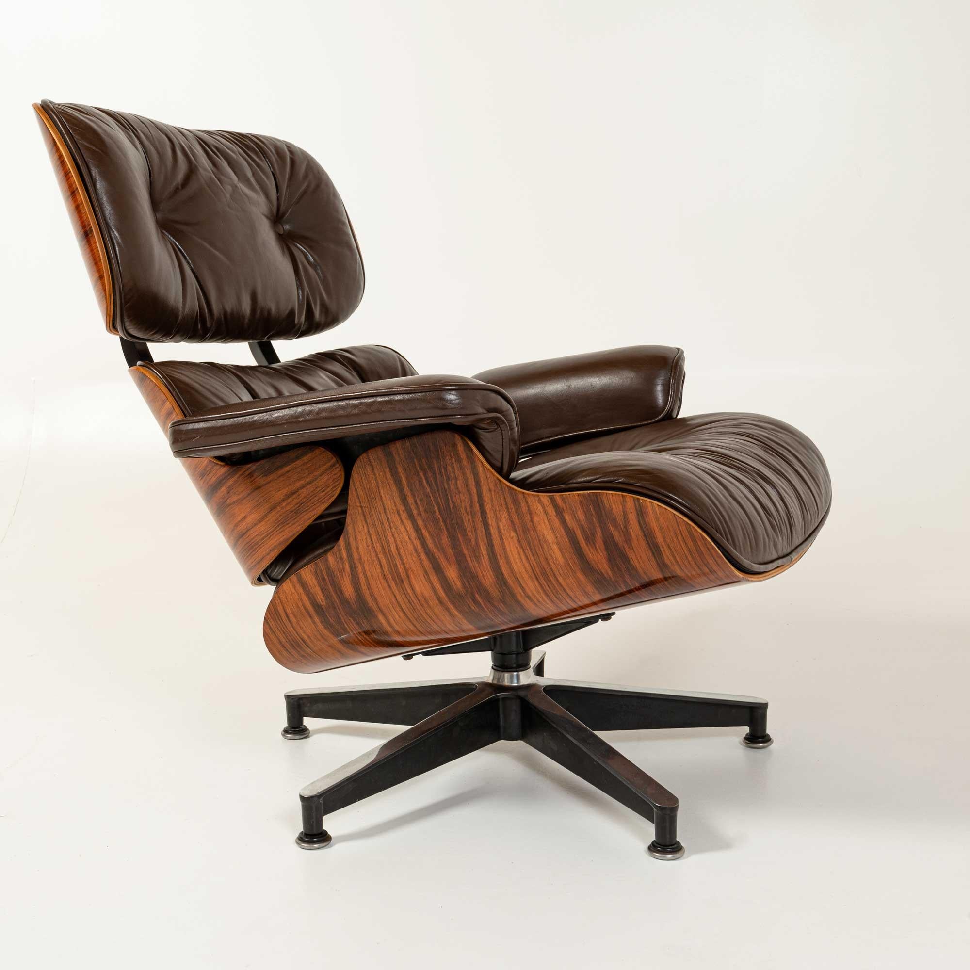 Restored 3rd Gen Eames Lounge Chair and Ottoman in Original Chocolate Leather In Good Condition In Seattle, WA