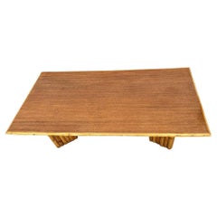 Restored 4' Foot Rattan and Mahogany Coffee Table w/ Vertically Stacked Legs