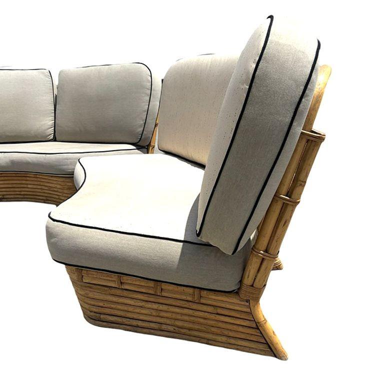 American Restored 4 Person Curved Stacked Rattan Sectional Sofa For Sale