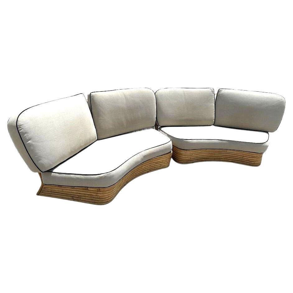 Restored 4 Person Curved Stacked Rattan Sectional Sofa