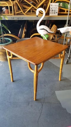 Restored 4 Person Single Strand "X" Rattan Dining Table with Solid Mahogany Top