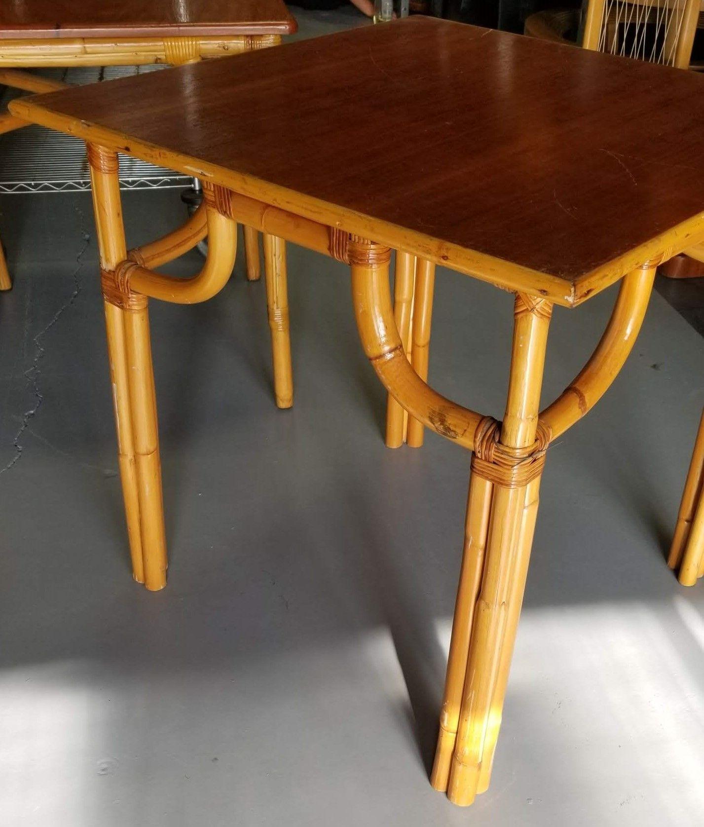 Restored Rattan Original Paul Frankl 4 Person 3-Strand Mahogany Dining Table In Good Condition For Sale In Van Nuys, CA