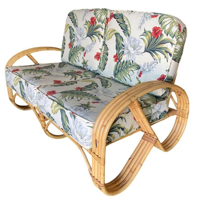 Restored 4-Strand 3/4 Pretzel Rattan Settee, Lounge Chair Livingroom Set In Excellent Condition For Sale In Van Nuys, CA