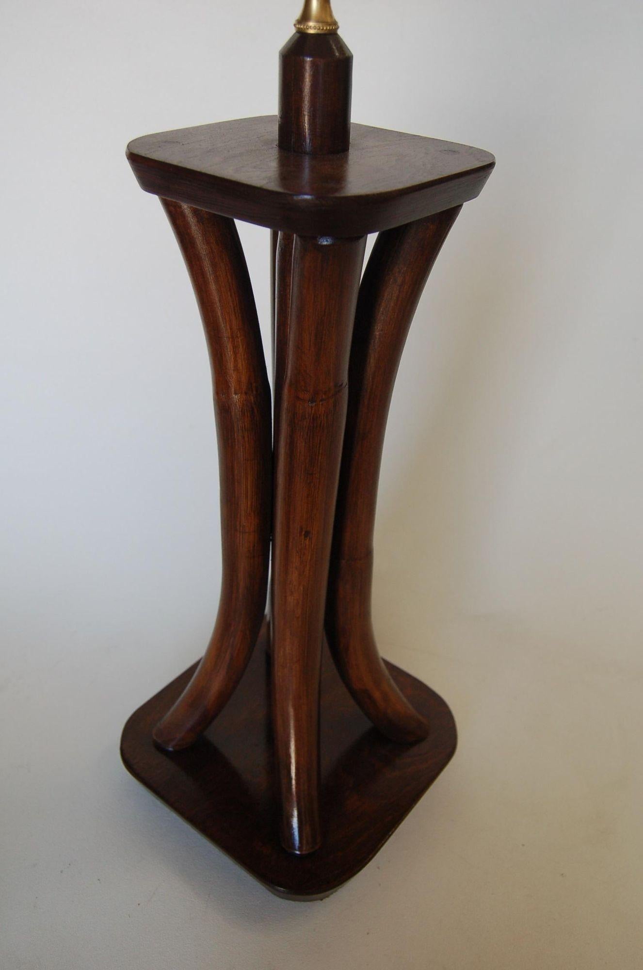 American Restored 4-Strand Rattan Bent Pole Table Lamp on Mahogany Base For Sale