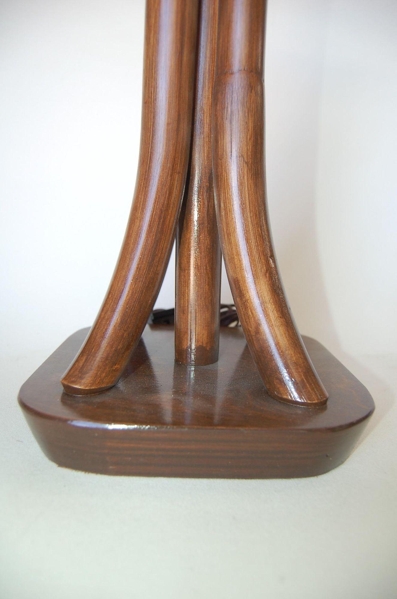 Mid-20th Century Restored 4-Strand Rattan Bent Pole Table Lamp on Mahogany Base For Sale