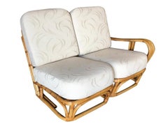 Restored 4-Strand Square Pretzel "S" Arm Rattan Sofa W/ 2 Tier Table