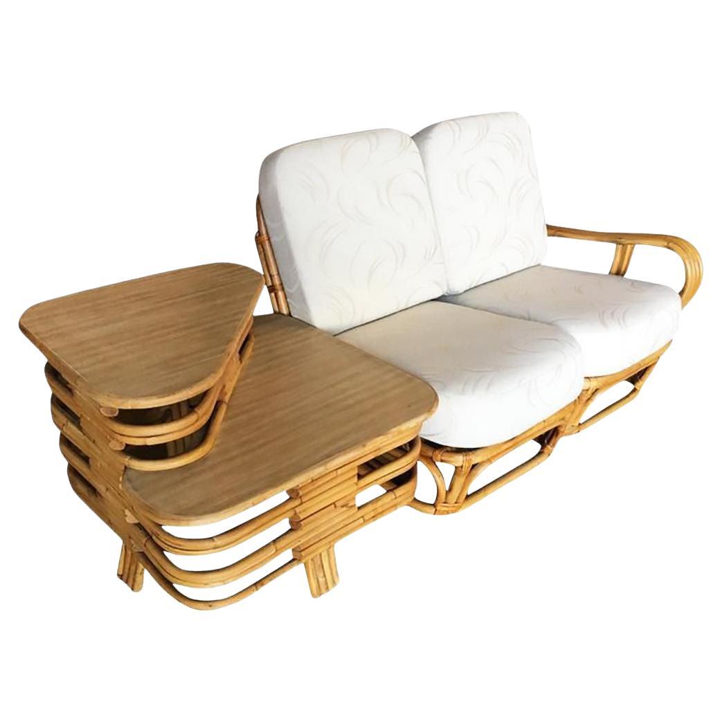 Restauriertes 4-strangiges quadratisches Rattan-Sofa mit S-Arm- und 2 Tier-Tisch