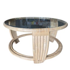 Restored 5-Strand Floating Glass Top Round Rattan Coffee Table