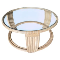 Restored 5-Strand Floating Glass Top Round Rattan Coffee Table