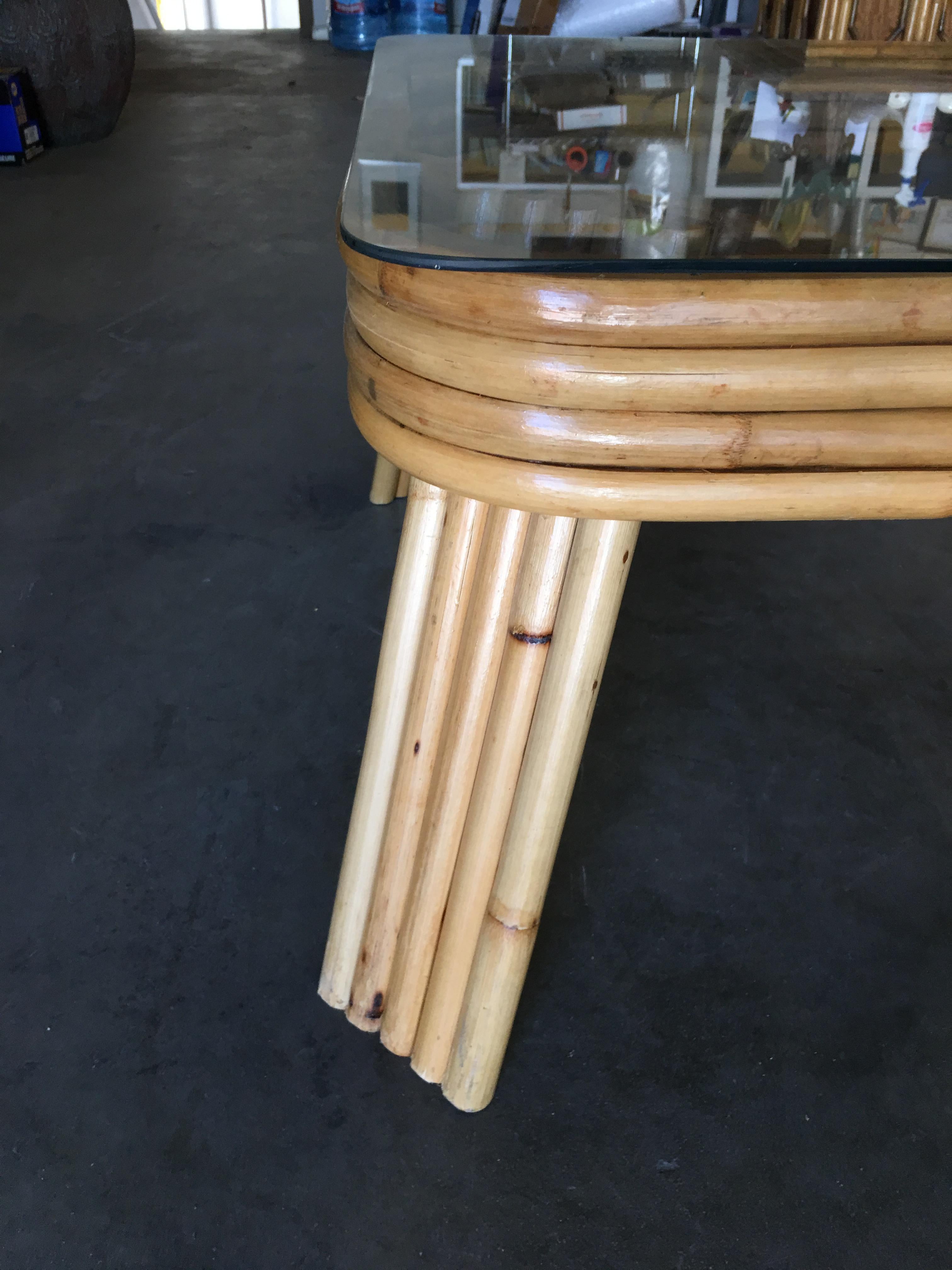 Restored 5-Strand Rattan Coffee Table with Square Glass Top In Excellent Condition For Sale In Van Nuys, CA