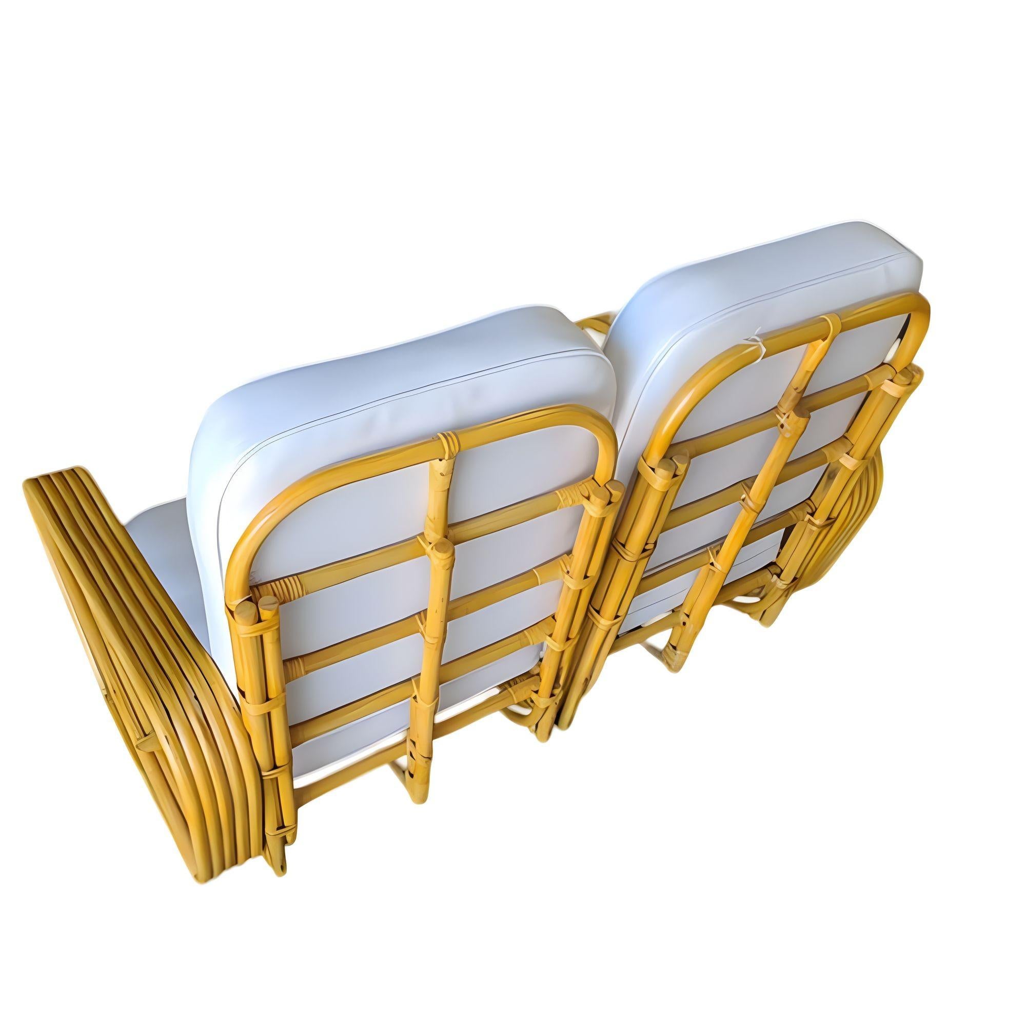 Restored 5-Strand Square Square Pretzel Rattan Settee w/ Stacked Base In Excellent Condition For Sale In Van Nuys, CA