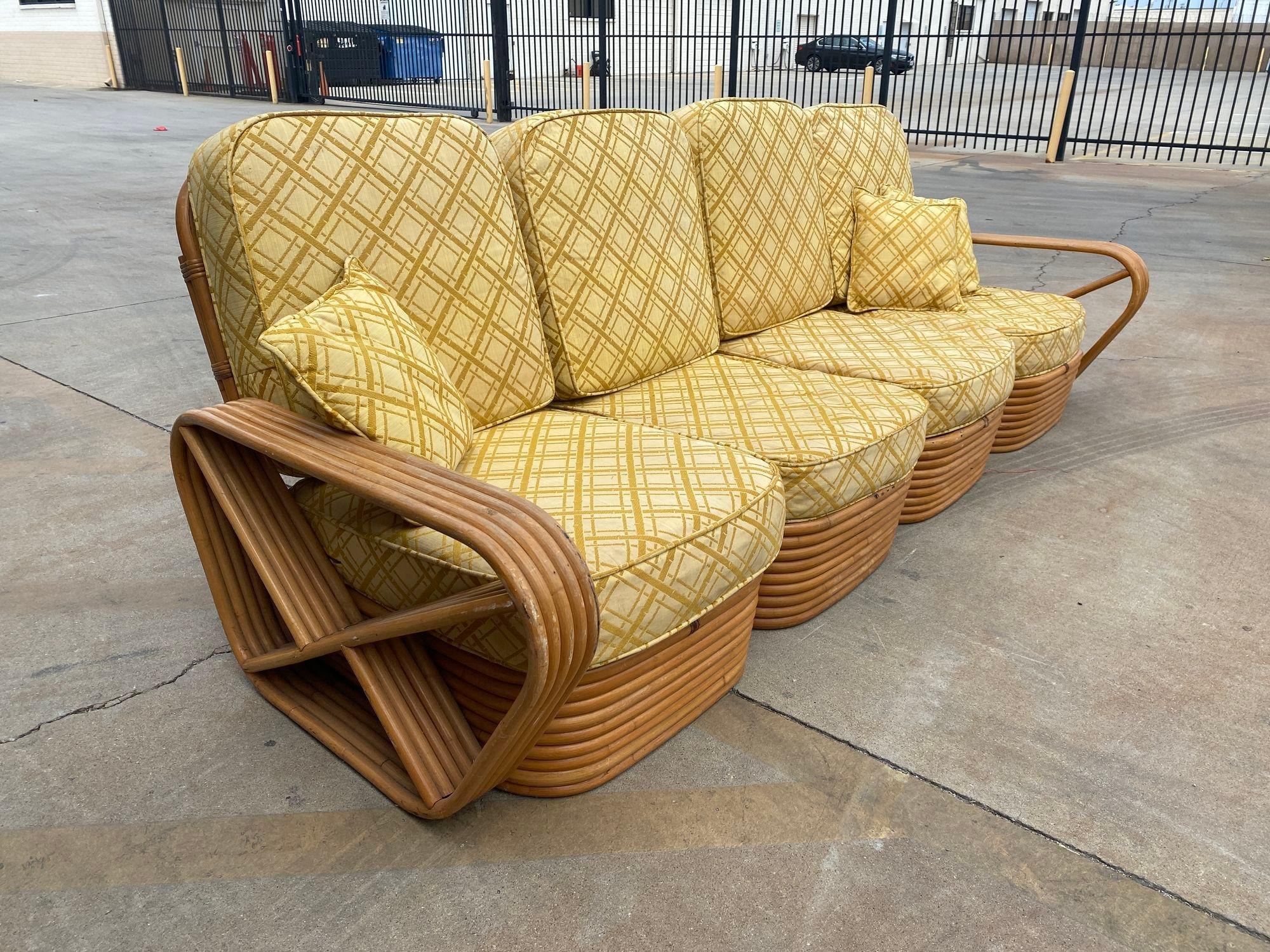 Restored 5-Strand Square Pretzel Rattan Chair & Sofa Livingroom Set In Excellent Condition For Sale In Van Nuys, CA