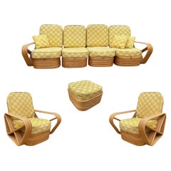 Restored 5-Strand Square Pretzel Rattan Chair & Sofa Livingroom Set by Tochiku