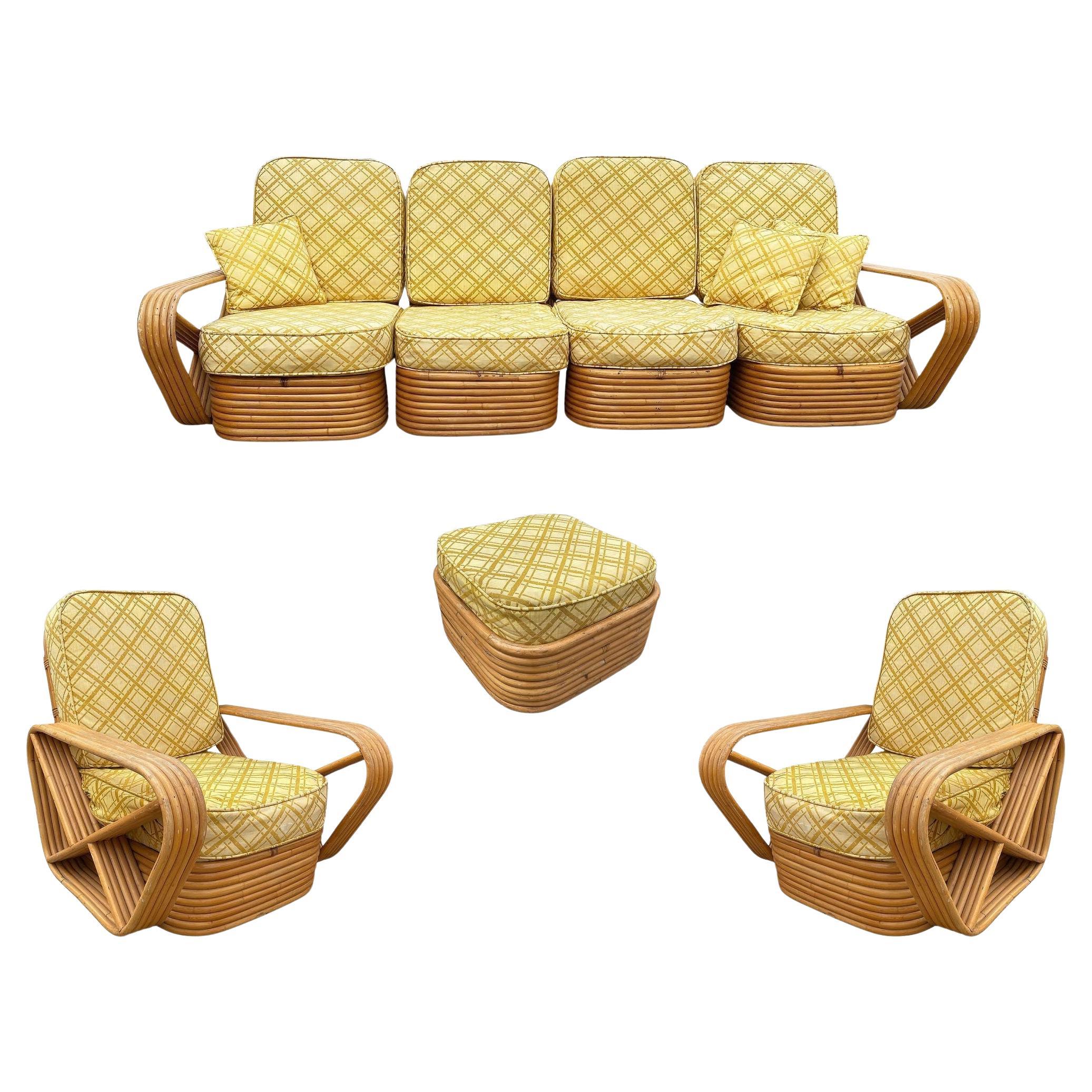Restored Mid-century 5-Strand Square Pretzel Rattan Chair & Sofa Livingroom Set