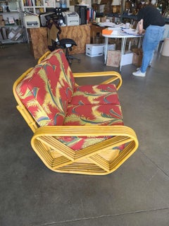 Settee in rattan Pretzel quadrato restaurato a 5 fili con cuscini in tela di corteccia