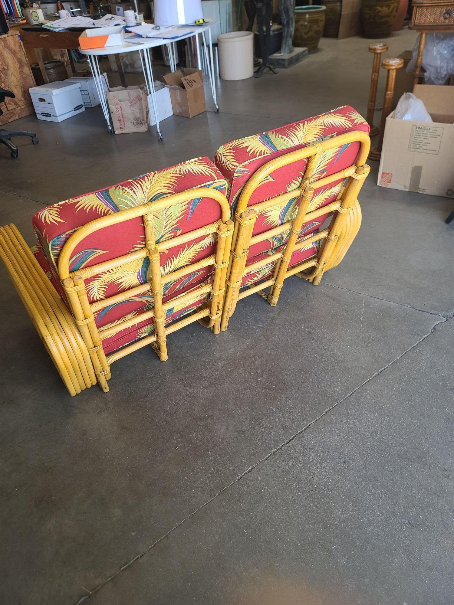 Restored 5-Strand Square Pretzel Rattan Settee w/ Barkcloth Cushions In Excellent Condition For Sale In Van Nuys, CA