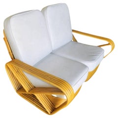 Restored 5-Strand Square Pretzel Rattan Settee w/ Stacked Base