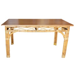 Restored 6 Person Rattan & Mahogany Dining Table