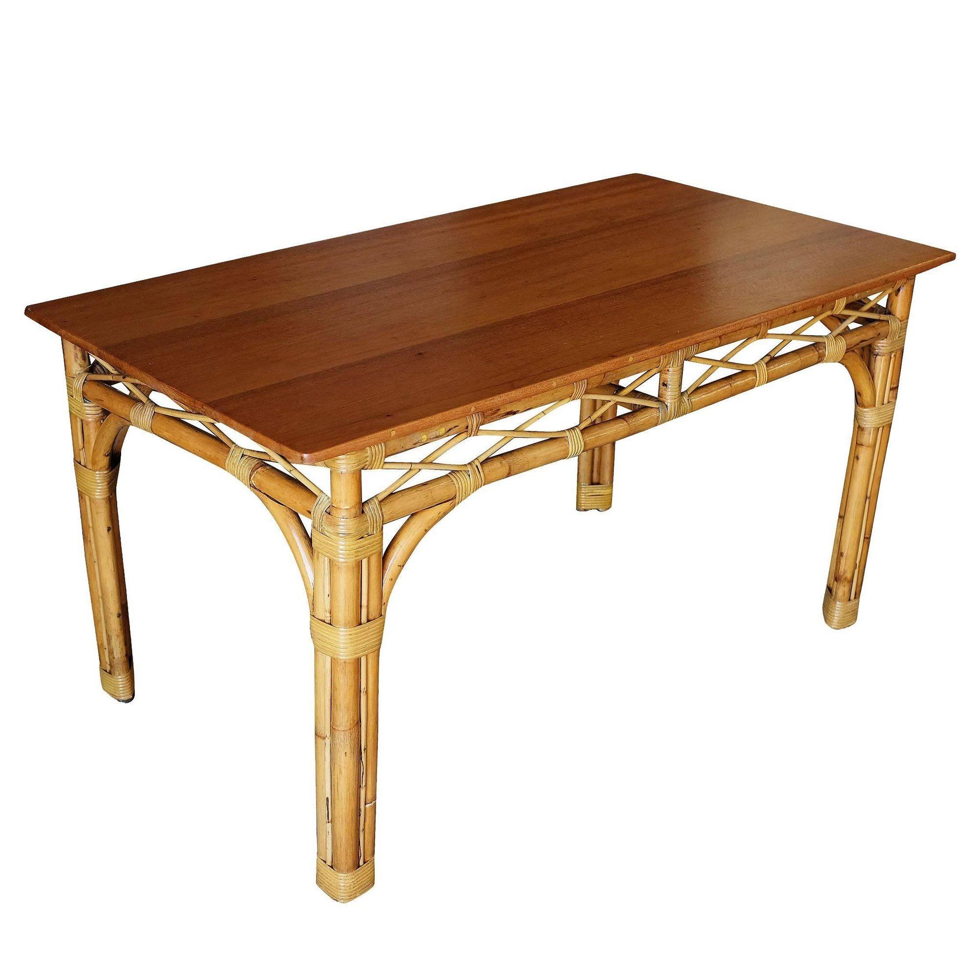 American Restored 6 Person Rattan & Mahogany Dining Table For Sale