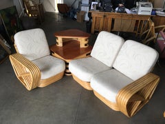 Restored Six-Strand Square Pretzel 3-Seat Rattan Corner Sofa with Side Table