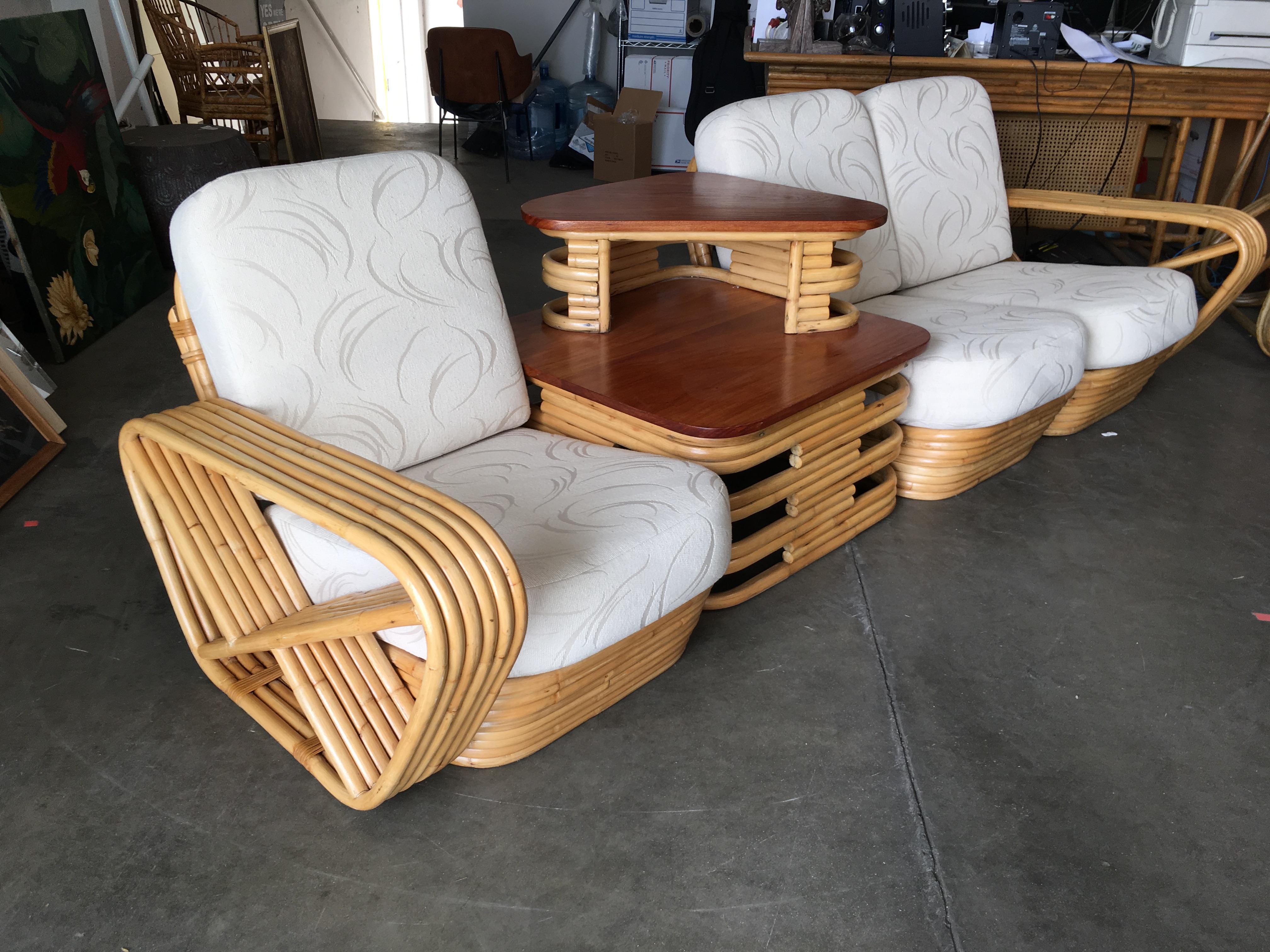 Restored Six-Strand Square Pretzel 3-Seat Rattan Corner Sofa with Side Table In Excellent Condition In Van Nuys, CA