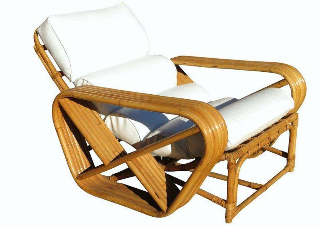 Restored 6-Stand Square Pretzel Rattan Chaise Lounge w/ Ottoman In Excellent Condition For Sale In Van Nuys, CA