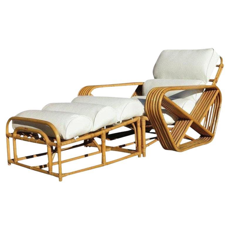 Restored 6-Stand Square Pretzel Rattan Chaise Lounge w/ Ottoman