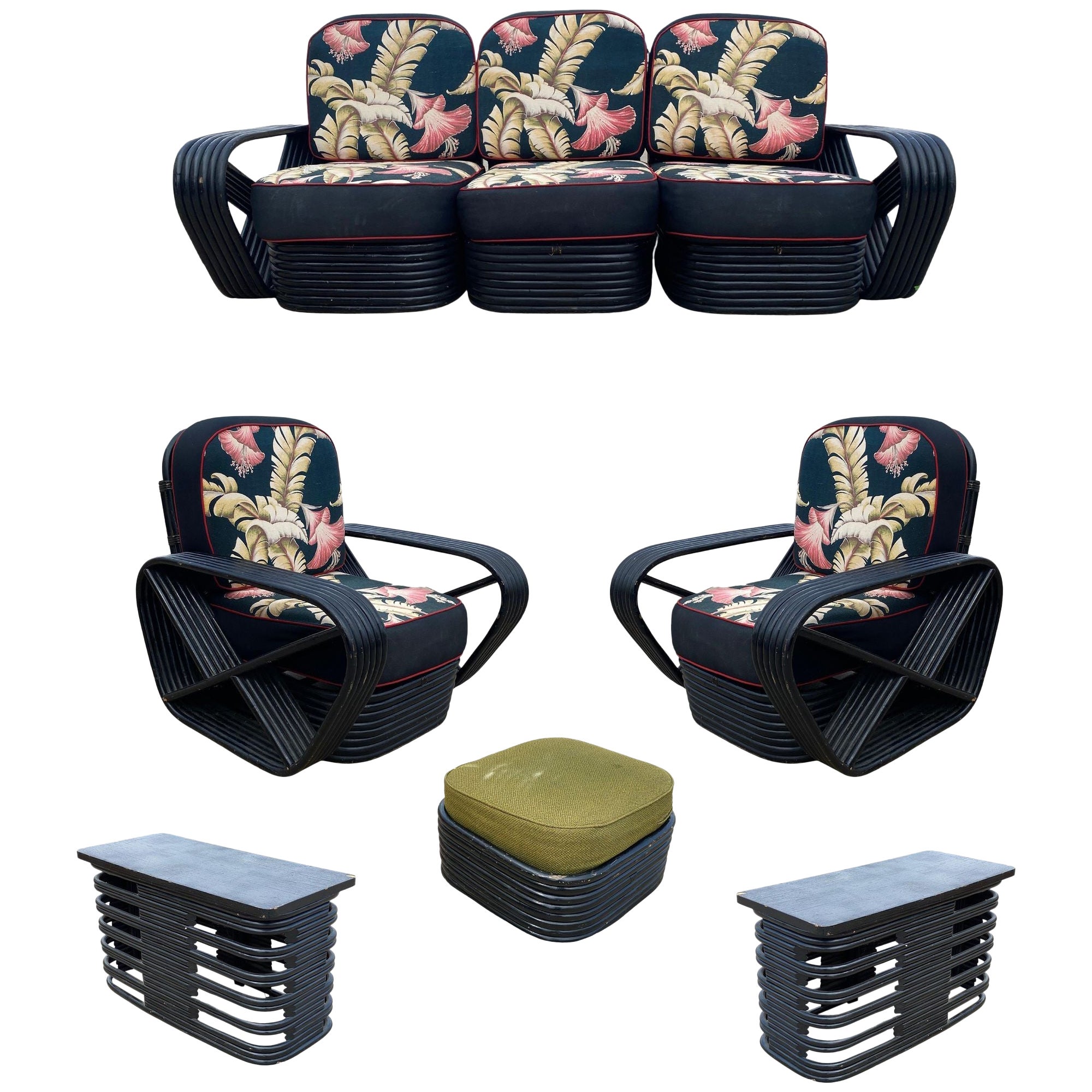 Restaurierter 6strängiger Tisch aus schwarzer Esche, Sofa, Loungesessel, Wohnzimmer-Set im Angebot