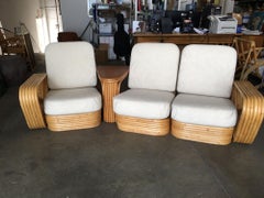 Restored 6-Strand Square Pretzel 3 Seat Rattan Corner Sofa W/ Side Table