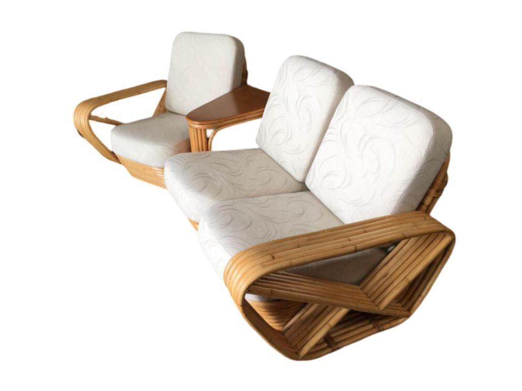 Mid-Century Modern Restored 6-Strand Square Pretzel 3 Seat Rattan Corner Sofa W/ Side Table For Sale