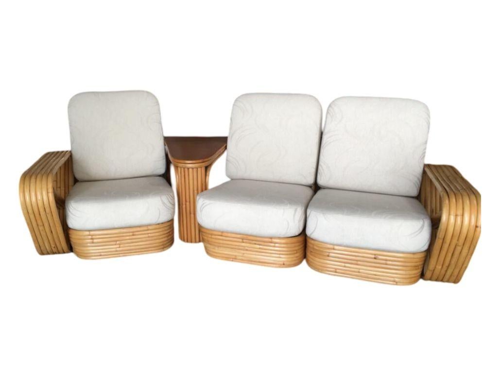 American Restored 6-Strand Square Pretzel 3 Seat Rattan Corner Sofa W/ Side Table For Sale
