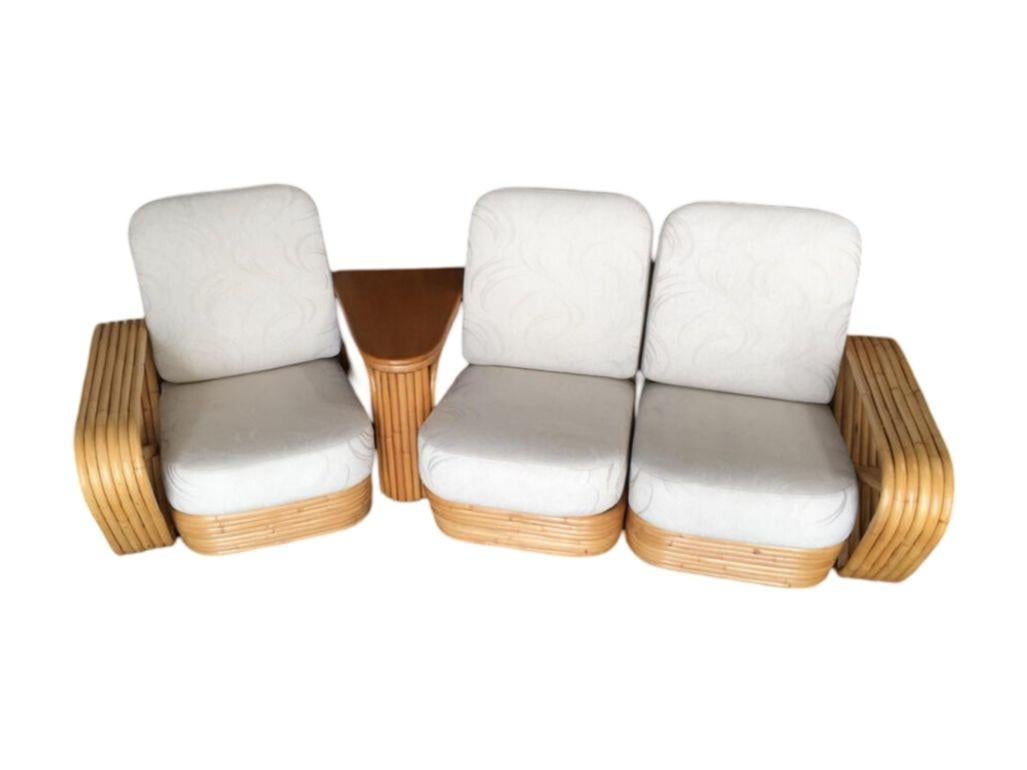 Restored 6-Strand Square Pretzel 3 Seat Rattan Corner Sofa W/ Side Table In Excellent Condition For Sale In Van Nuys, CA