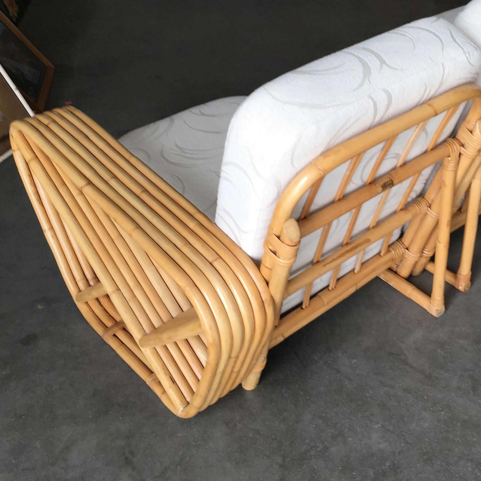Restored 6-Strand Square Pretzel 3 Seat Rattan Corner Sofa W/ Side Table In Excellent Condition For Sale In Van Nuys, CA