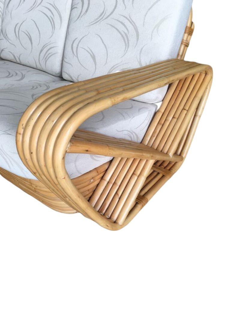 Mid-20th Century Restored 6-Strand Square Pretzel 3 Seat Rattan Corner Sofa W/ Side Table For Sale