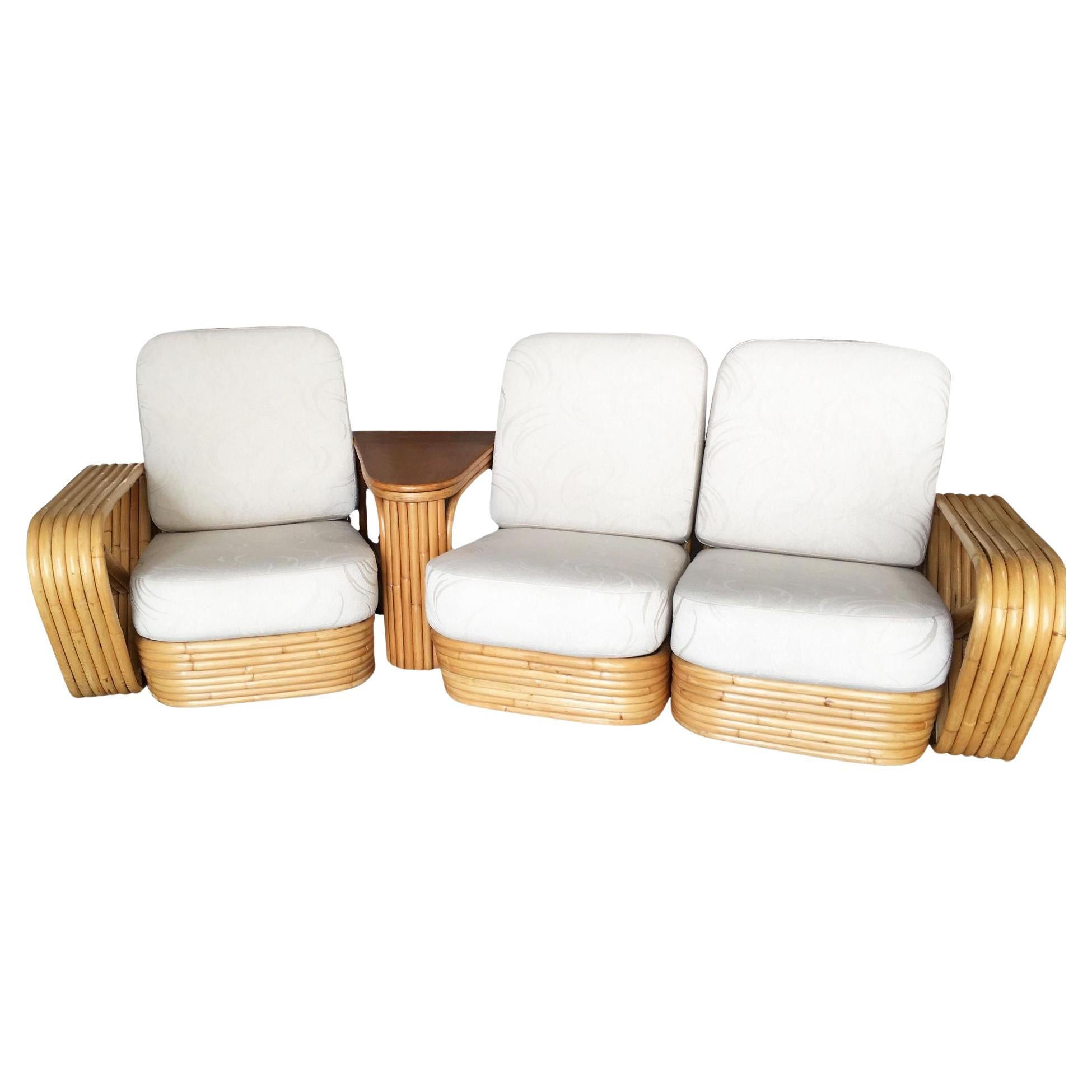 Restauriertes 6-strangiges quadratisches Rattan-Ecksofa mit 3 Sitzen und Beistelltisch