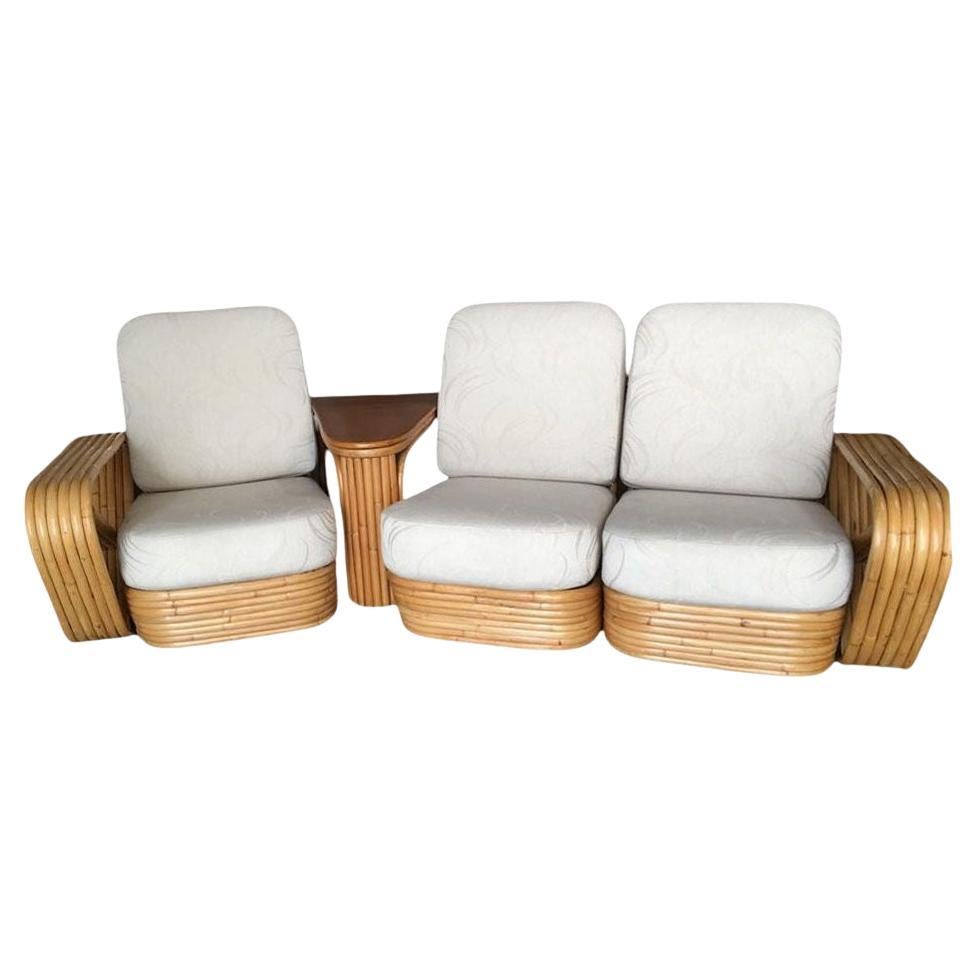 Restored 6-Strand Square Pretzel 3 Seat Rattan Corner Sofa W/ Side Table