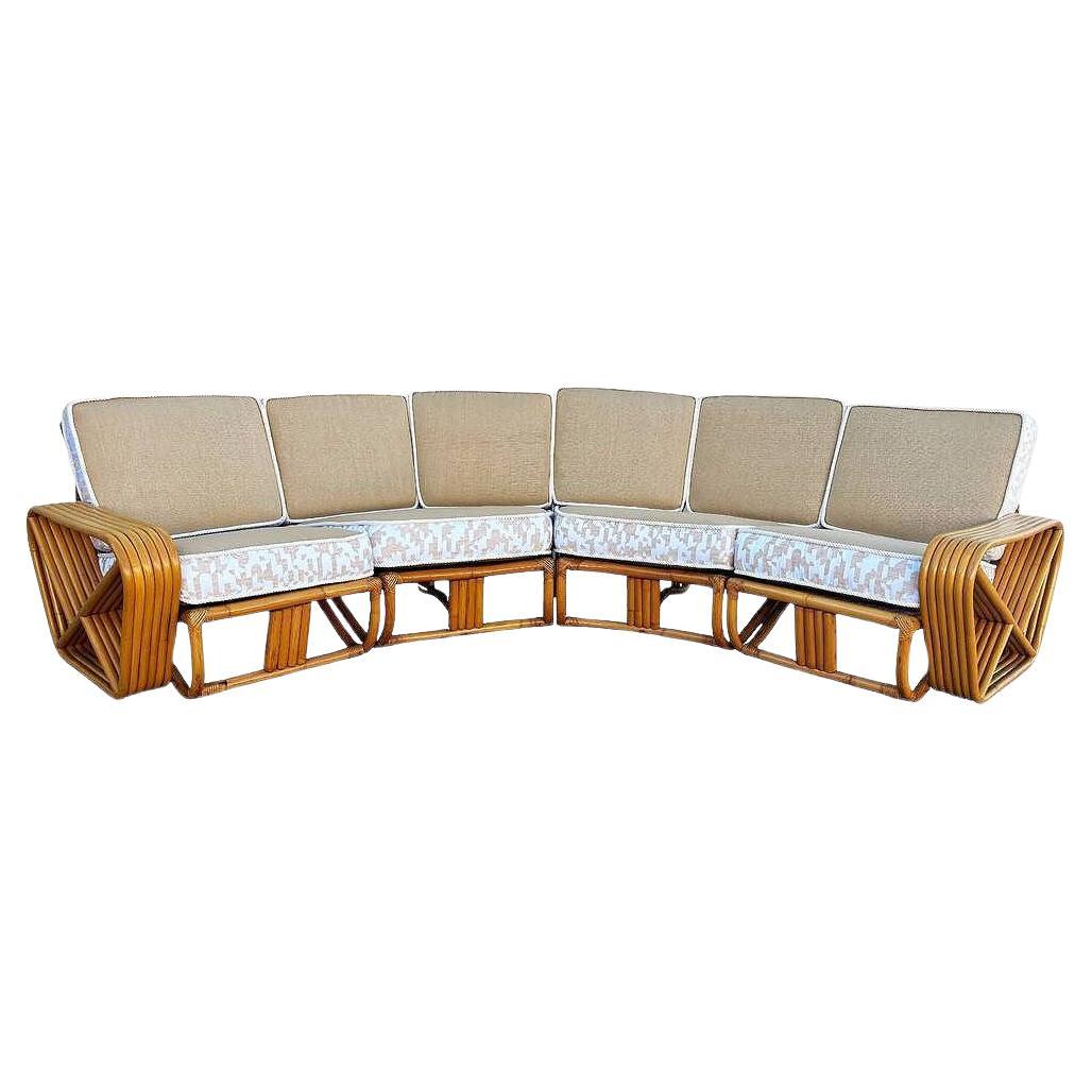 Restored 6-Strand Square Pretzel Rattan Corner Sectional Sofa