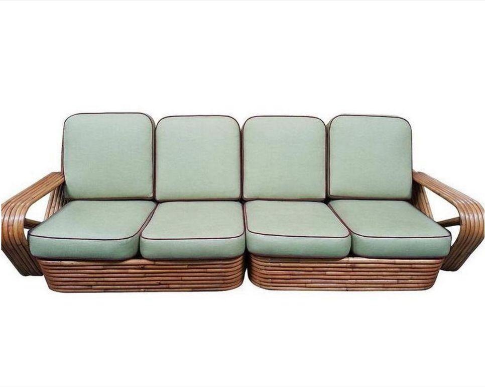 Mid-20th Century Restored 6-Strand Square Pretzel Rattan Four-Seat Sofa by Paul Frankl For Sale