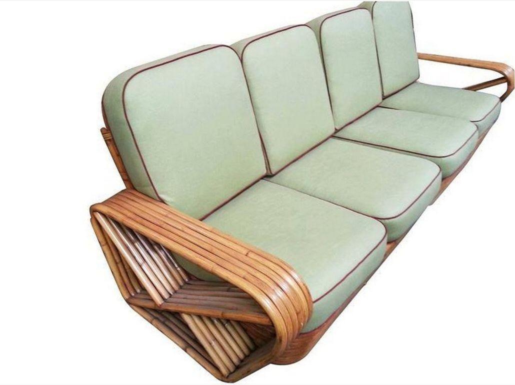 Restored 6-Strand Square Pretzel Rattan Four-Seat Sofa by Paul Frankl For Sale 1