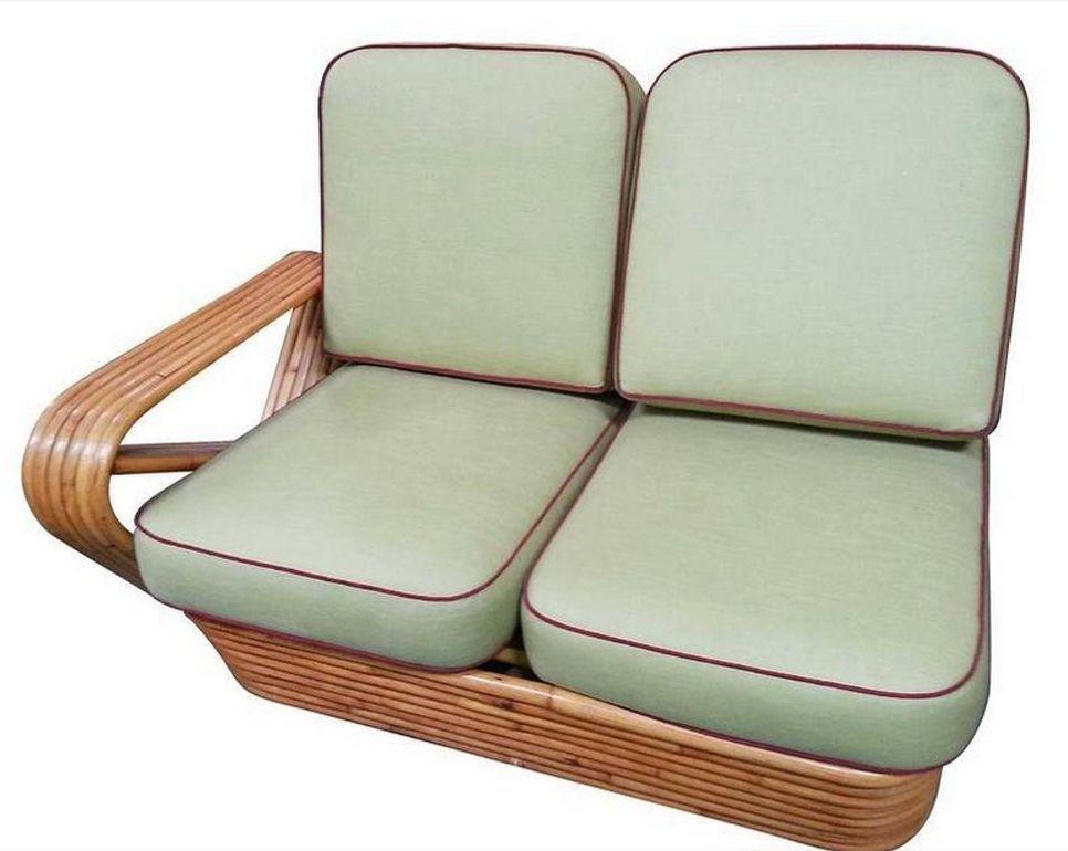 Restored 6-Strand Square Pretzel Rattan Four-Seat Sofa by Paul Frankl For Sale 2